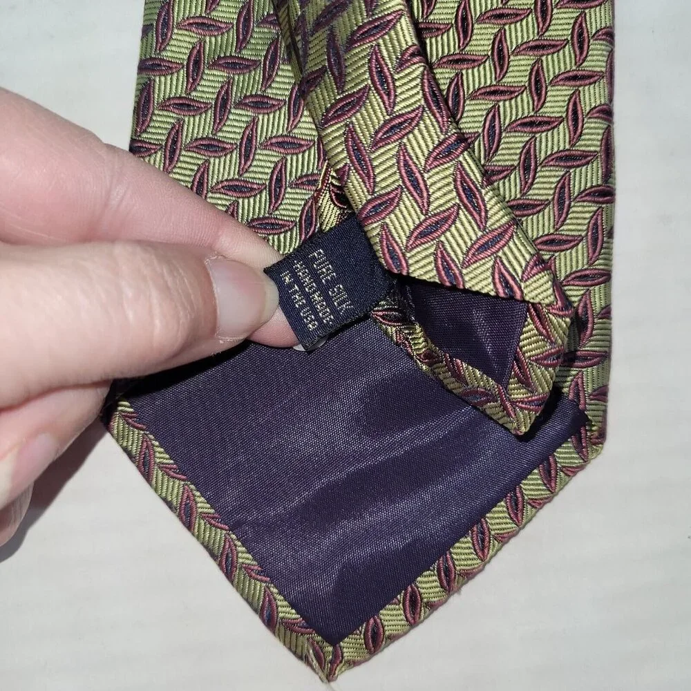 Wm King Clothiers Silk Necktie Mens One Size Olive Green Burgundy Geometric Leaf
